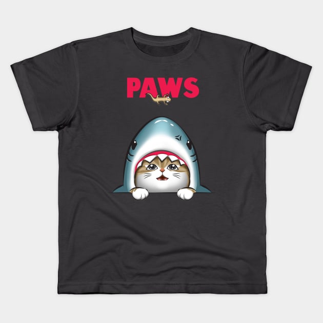 Paws Cat Shark Attack Cute Funny Cat Parody Top Kids T-Shirt by Digitalartrock